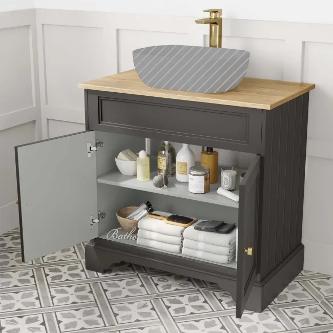 Lucia Graphite Grey Cabinet with Oak Effect Top 840mm (Excludes Counter Top Basin) - Brushed Brass Accents