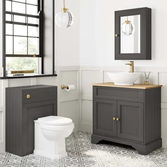 Lucia Graphite Grey Vanity with Oak Effect Top & Oval Counter Top Basin 840mm - Brushed Brass Accents