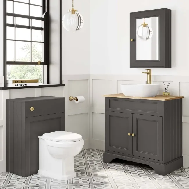 Lucia Graphite Grey Vanity with Oak Effect Top & Curved Counter Top Basin 840mm - Brushed Brass Accents