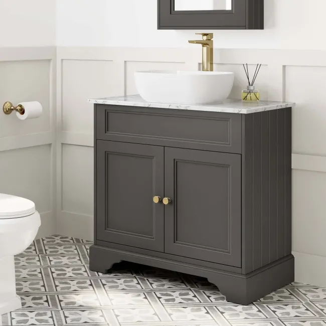 Lucia Graphite Grey Vanity with Marble Top & Curved Counter Top Basin 840mm - Brushed Brass Accents