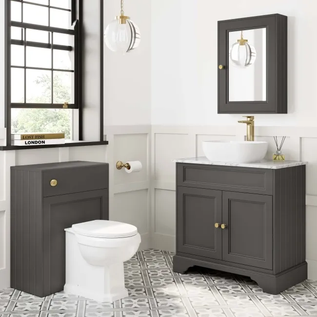 Lucia Graphite Grey Vanity with Marble Top & Curved Counter Top Basin 840mm - Brushed Brass Accents