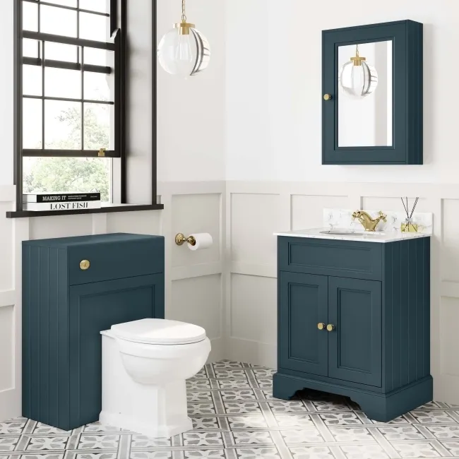 Lucia Inky Blue Vanity with Marble Top & Undermount Basin 630mm - Brushed Brass Accents