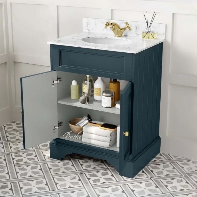 Lucia Inky Blue Vanity with Marble Top & Undermount Basin 630mm - Brushed Brass Accents