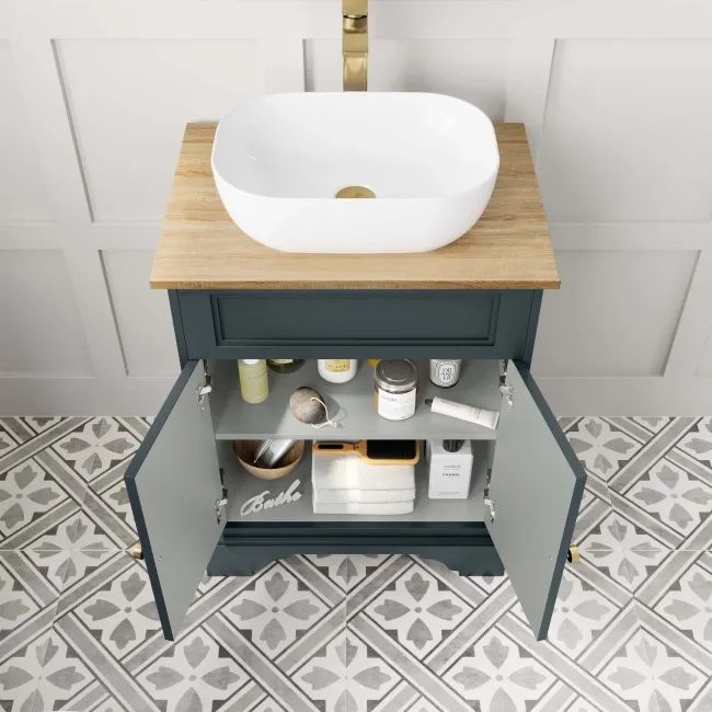 Lucia Inky Blue Vanity with Oak Effect Top & Curved Counter Top Basin 640mm - Brushed Brass Accents