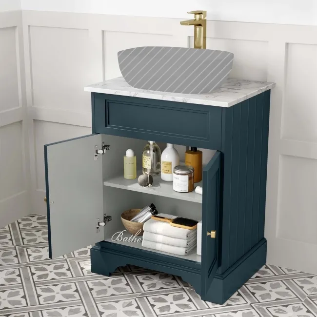 Lucia Inky Blue Cabinet with Marble Top 640mm (Excludes Counter Top Basin) - Brushed Brass Accents