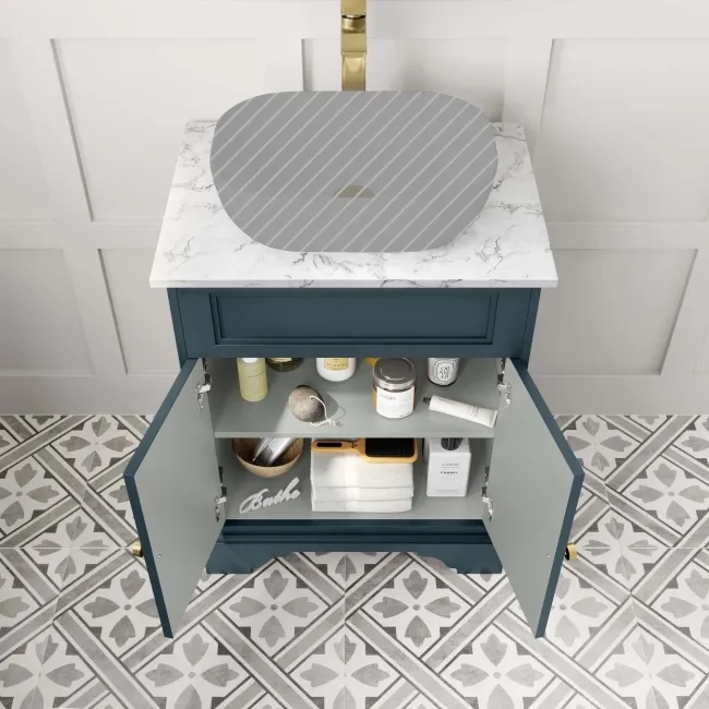 Lucia Inky Blue Cabinet with Marble Top 640mm (Excludes Counter Top Basin) - Brushed Brass Accents