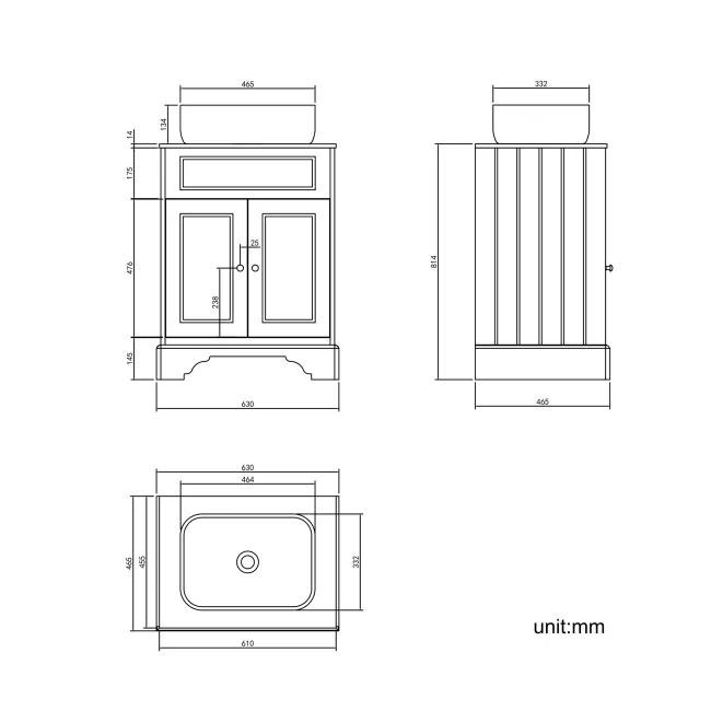 Lucia Inky Blue Vanity with Marble Top & Curved Counter Top Basin 640mm - Brushed Brass Accents