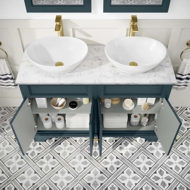 Lucia Inky Blue Double Vanity with Marble Top & Oval Counter Top Basin 1200mm - Brushed Brass Accents