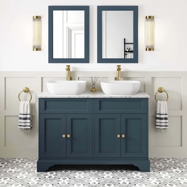 Lucia Inky Blue Double Vanity with Marble Top & Curved Counter Top Basin 1200mm - Brushed Brass Accents
