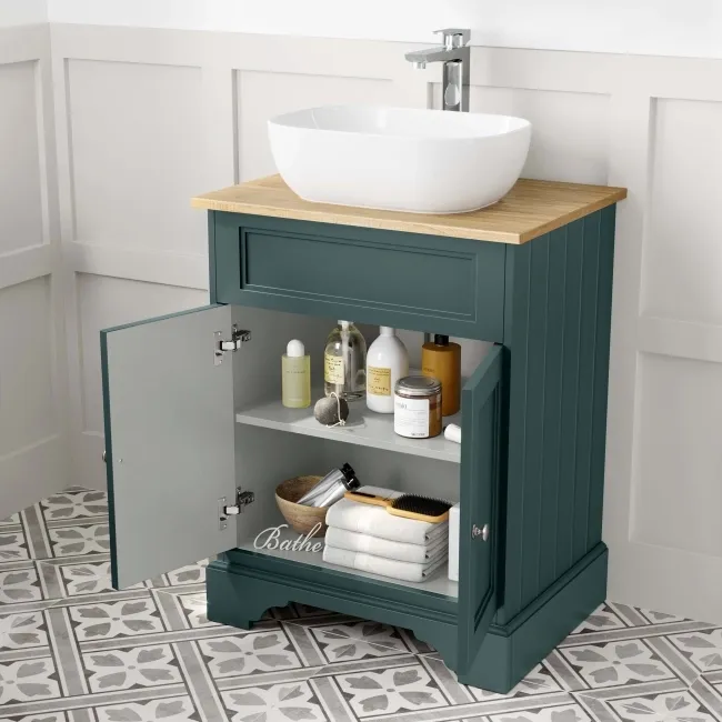 Lucia Midnight Green Vanity with Oak Effect Top & Curved Counter Top Basin 640mm
