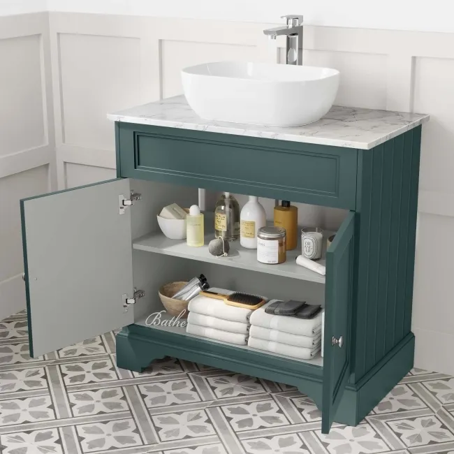 Lucia Midnight Green Vanity with Marble Top & Curved Counter Top Basin 840mm