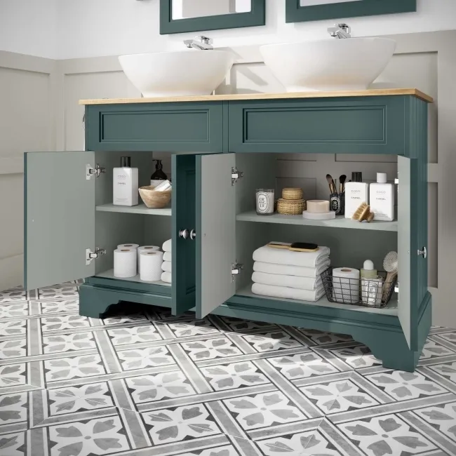 Lucia Midnight Green Double Vanity with Oak Effect Top & Oval Counter Top Basin 1200mm