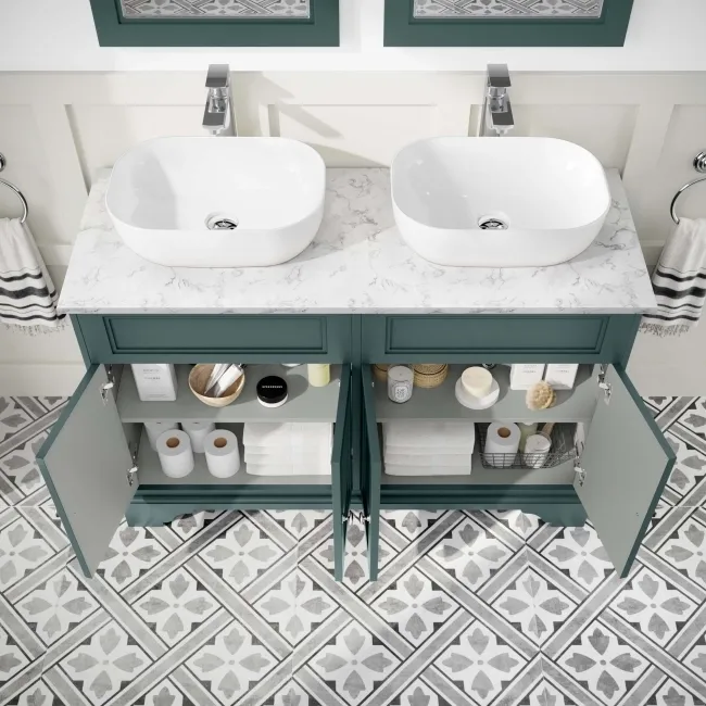 Lucia Midnight Green Double Vanity with Marble Top & Curved Counter Top Basin 1200mm