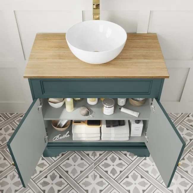 Lucia Midnight Green Vanity with Oak Effect Top & Round Counter Top Basin 840mm - Brushed Brass Accents