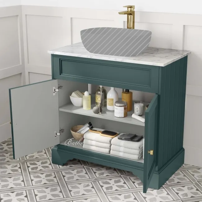 Lucia Midnight Green Cabinet with Marble Top 840mm (Excludes Counter Top Basin) - Brushed Brass Accents