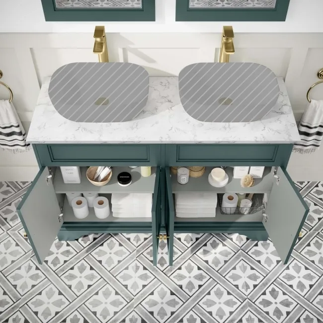 Lucia Midnight Green Cabinet with Marble Top 1200mm (Excludes Counter Top Basins) - Brushed Brass Accents