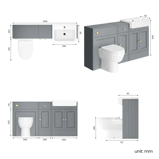Monaco Dove Grey Combination Vanity Basin and Seattle Toilet 1500mm - Brushed Brass Accents