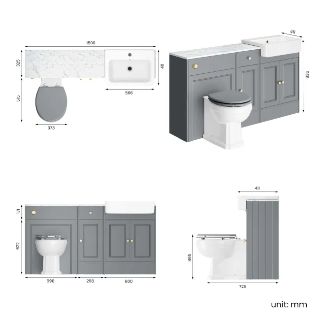 Monaco Dove Grey Combination Vanity Basin with Marble Top and Hudson Toilet with Wooden Seat 1500mm - Brushed Brass Accents