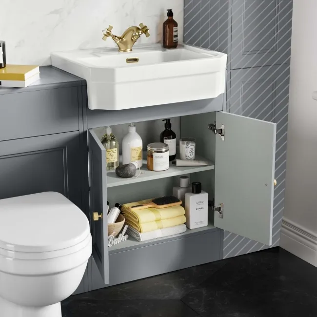 Monaco Dove Grey Combination Vanity Traditional Basin and Seattle Toilet 1200mm - Brushed Brass Accents