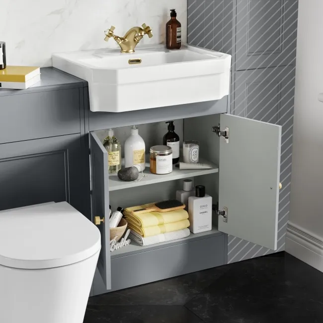 Monaco Dove Grey Combination Vanity Traditional Basin and Boston Toilet 1200mm - Brushed Brass Accents