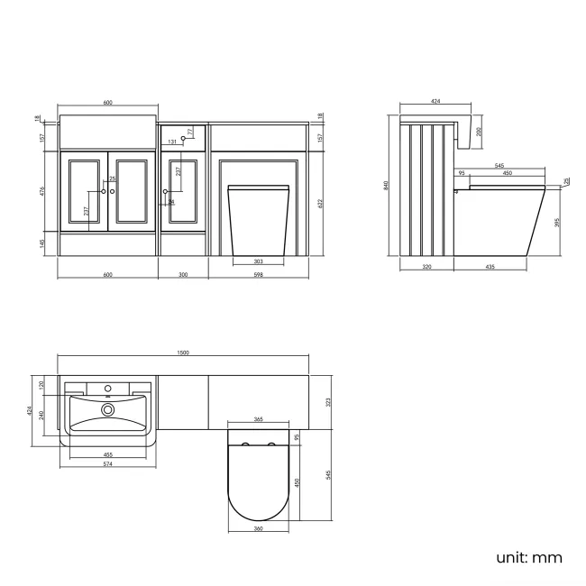 Monaco Dove Grey Combination Vanity Traditional Basin and Boston Toilet 1500mm - Brushed Brass Accents