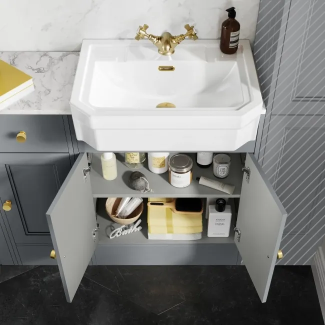 Monaco Dove Grey Combination Vanity Traditional Basin with Marble Top and Boston Toilet 1500mm - Brushed Brass Accents