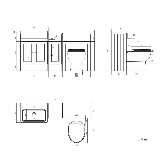 Monaco Chalk White Combination Vanity Basin and Seattle Toilet 1500mm - Brushed Brass Accents