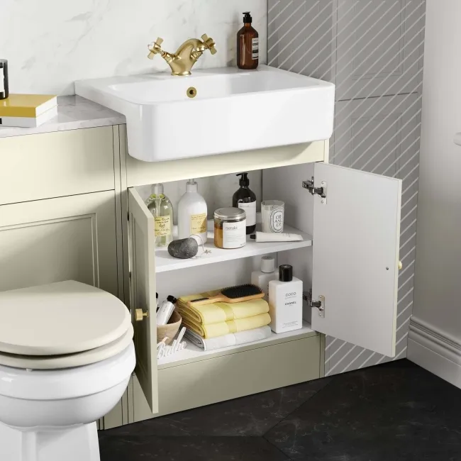 Monaco Chalk White Combination Vanity Basin with Marble Top & Hudson Toilet with Wooden Seat 1200mm - Brushed Brass Accents
