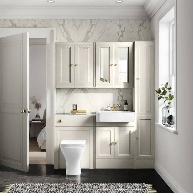 Monaco Chalk White Combination Vanity Basin with Marble Top & Atlanta Toilet 1200mm - Brushed Brass Accents