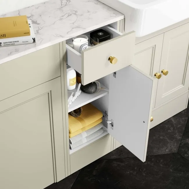 Monaco Chalk White Combination Vanity Basin with Marble Top and Seattle Toilet 1500mm - Brushed Brass Accents