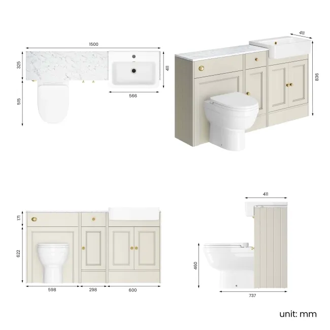 Monaco Chalk White Combination Vanity Basin with Marble Top and Seattle Toilet 1500mm - Brushed Brass Accents