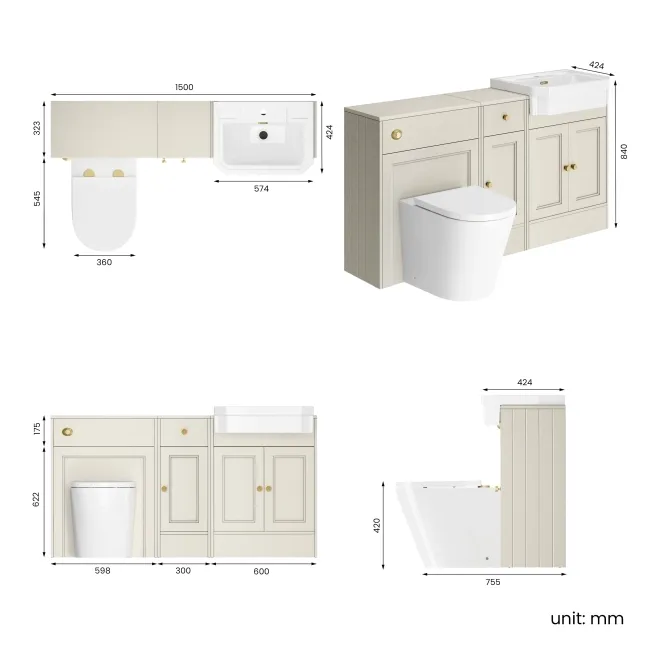 Monaco Chalk White Combination Vanity Traditional Basin and Boston Toilet 1500mm - Brushed Brass Accents