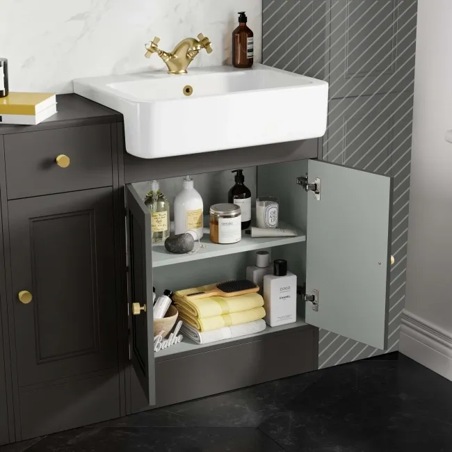 Monaco Graphite Grey Combination Vanity Basin and Hudson Toilet with Wooden Seat 1500mm - Brushed Brass Accents