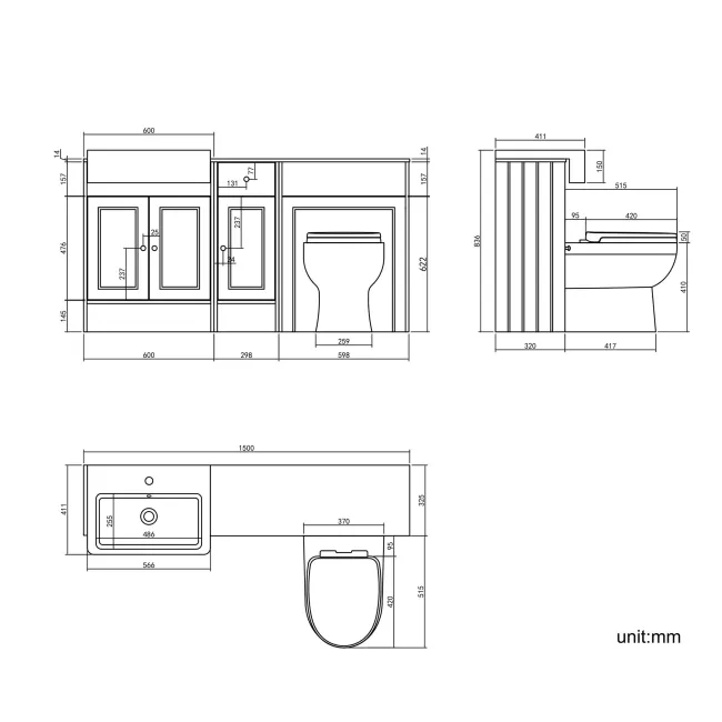 Monaco Graphite Grey Combination Vanity Basin with Marble Top and Seattle Toilet 1500mm - Brushed Brass Accents