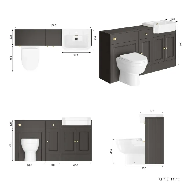 Monaco Graphite Grey Combination Vanity Traditional Basin and Seattle Toilet 1500mm - Brushed Brass Accents