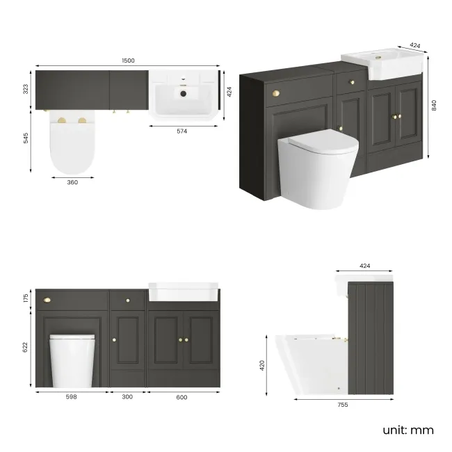 Monaco Graphite Grey Combination Vanity Traditional Basin and Boston Toilet 1500mm - Brushed Brass Accents