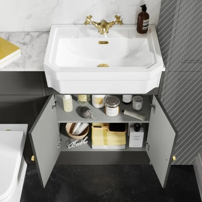 Monaco Graphite Grey Combination Vanity Traditional Basin with Marble Top & Atlanta Toilet 1200mm - Brushed Brass Accents