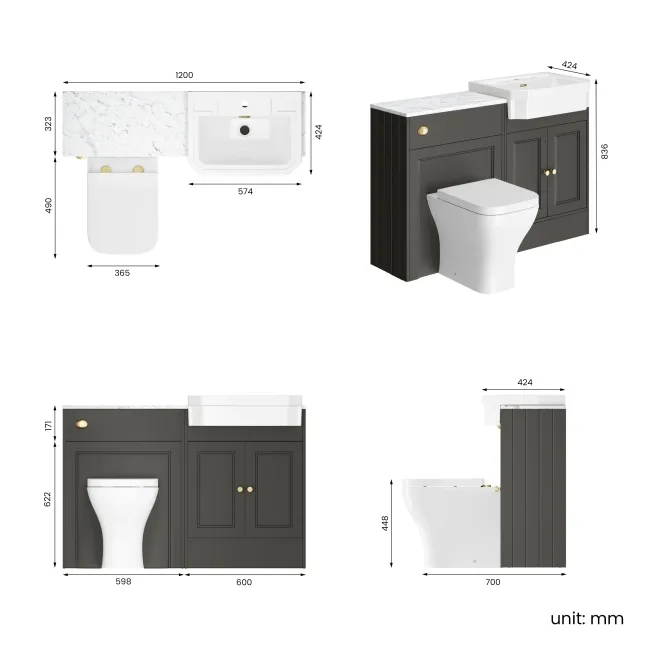 Monaco Graphite Grey Combination Vanity Traditional Basin with Marble Top & Atlanta Toilet 1200mm - Brushed Brass Accents