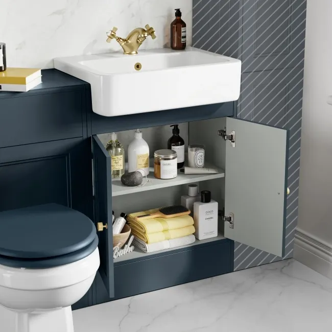 Monaco Inky Blue Combination Vanity Basin and Hudson Toilet with Wooden Seat 1200mm - Brushed Brass Accents