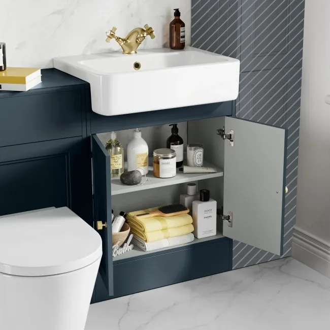 Monaco Inky Blue Combination Vanity Basin and Boston Toilet 1200mm - Brushed Brass Accents