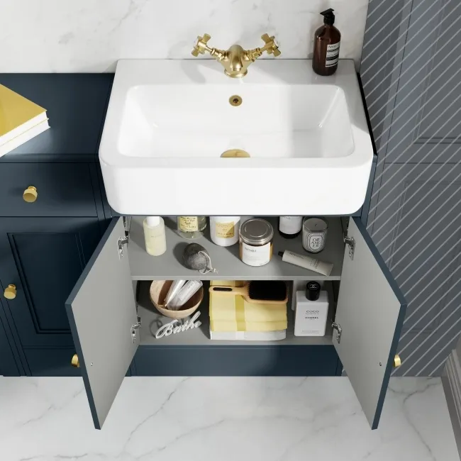 Monaco Inky Blue Combination Vanity Basin and Hudson Toilet with Wooden Seat 1500mm - Brushed Brass Accents
