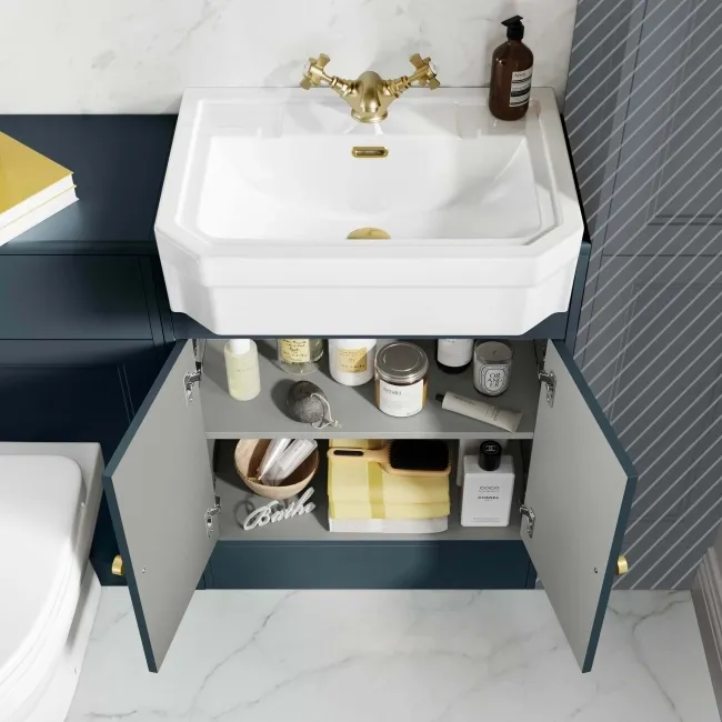 Monaco Inky Blue Combination Vanity Traditional Basin and Seattle Toilet 1200mm - Brushed Brass Accents