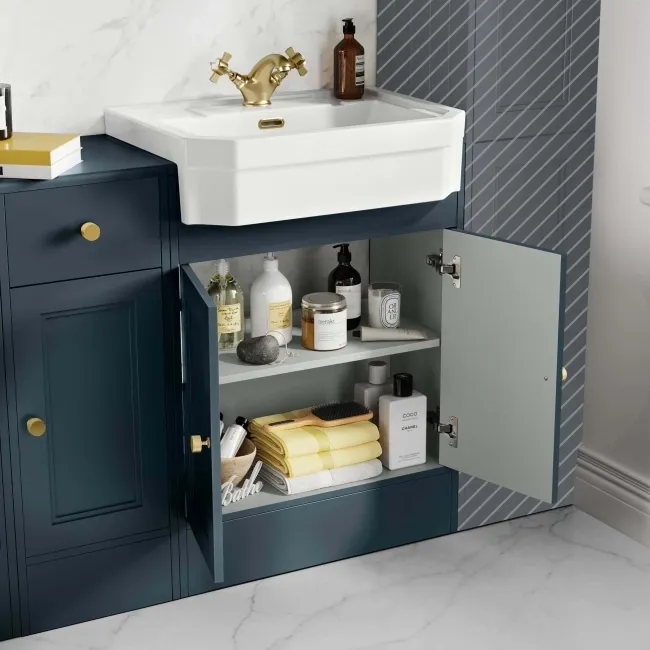 Monaco Inky Blue Combination Vanity Traditional Basin and Seattle Toilet 1500mm - Brushed Brass Accents