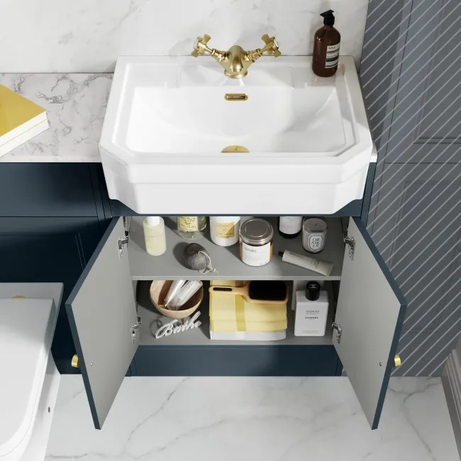 Monaco Inky Blue Combination Vanity Traditional Basin with Marble Top & Atlanta Toilet 1200mm - Brushed Brass Accents