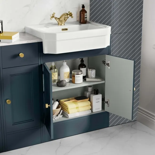 Monaco Inky Blue Combination Vanity Traditional Basin with Marble Top & Hudson Toilet with Wooden Seat 1500mm - Brushed Brass Accents