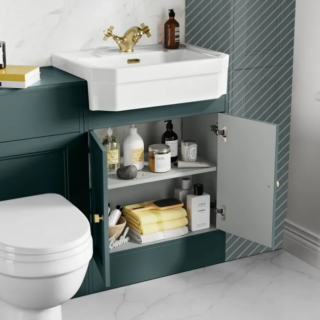 Monaco Midnight Green Combination Vanity Traditional Basin and Seattle Toilet 1200mm - Brushed Brass Accents