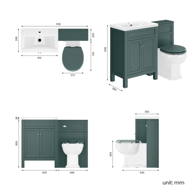 Bermuda Midnight Green Combination Vanity Basin and Hudson Toilet with Wooden Seat 1100mm