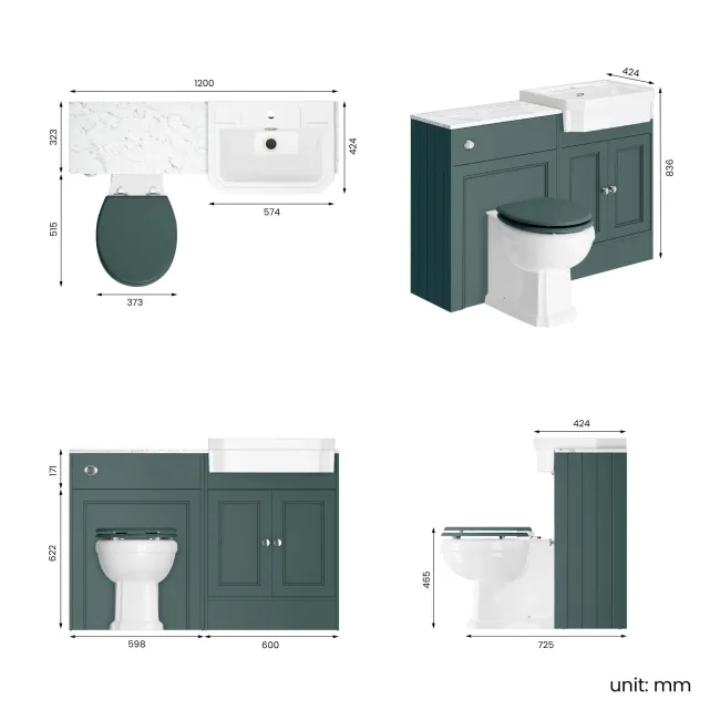 Monaco Midnight Green Combination Vanity Traditional Basin with Marble Top & Hudson Toilet with Wooden Seat 1200mm