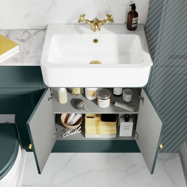 Monaco Midnight Green Combination Vanity Basin with Marble Top & Hudson Toilet with Wooden Seat 1200mm - Brushed Brass Accents