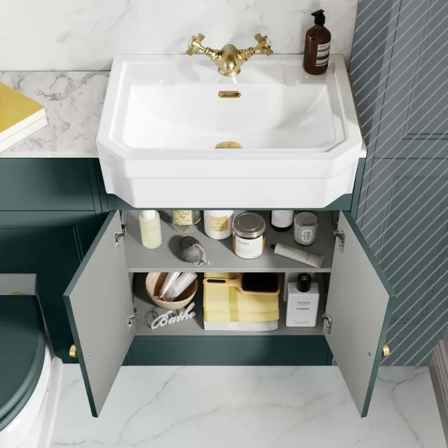 Monaco Midnight Green Combination Vanity Traditional Basin with Marble Top & Hudson Toilet with Wooden Seat 1200mm - Brushed Brass Accents